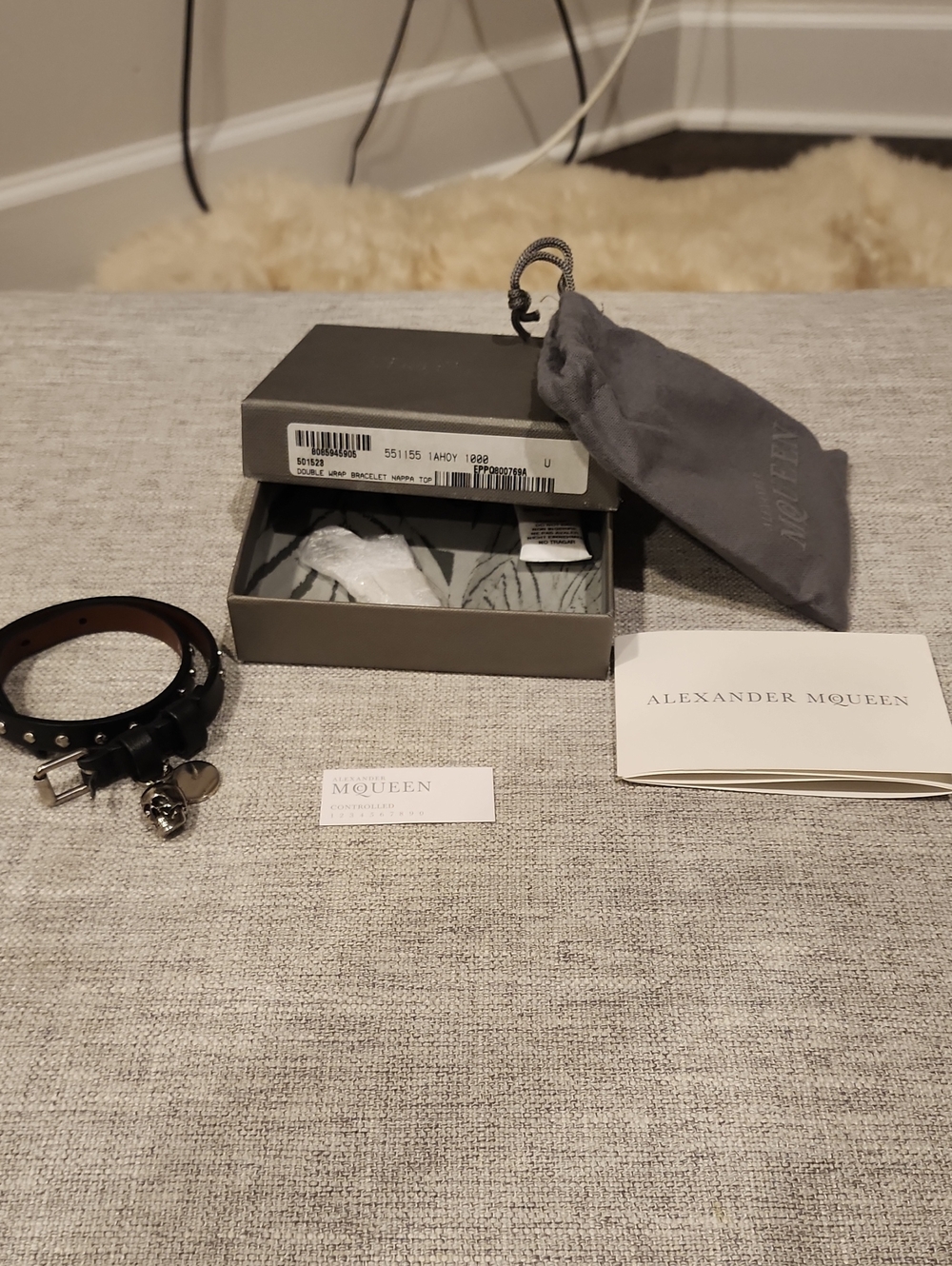 Alexander McQueen Black Leather Double Wrap Bracelet with Skull Charm